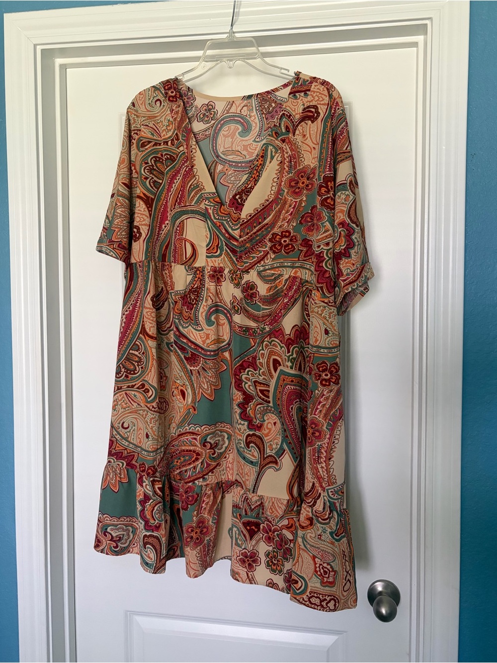 SHEIN Teal Coral and Beige Paisley V-Neck Midi Dress